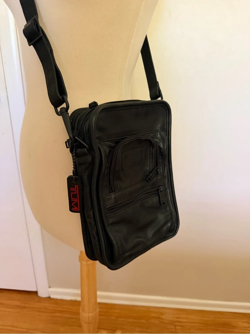 New TUMI Black Leather Crossbody Organizer Bag